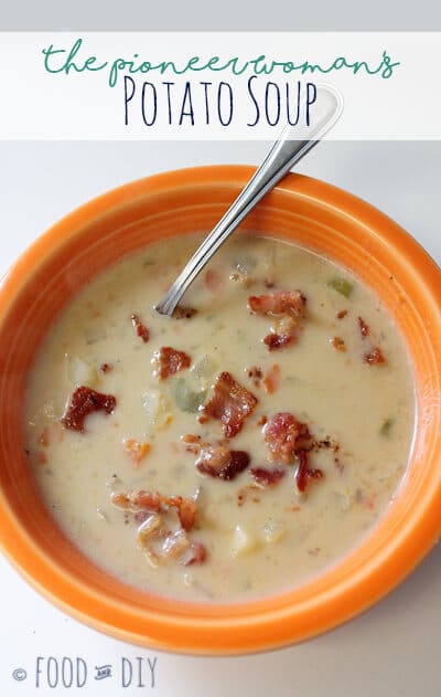 the pioneer woman potato soup with bacon in orange bowl