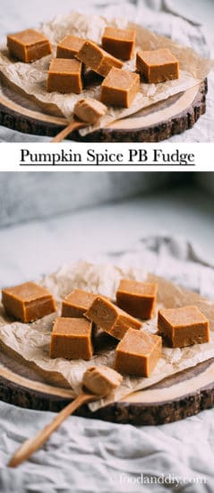 Pumpkin spice peanut butter fudge on parchment paper on wood slice