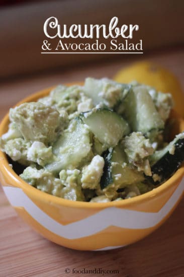 Avocado, cucumber, & feta salad in a yellow and white bowl