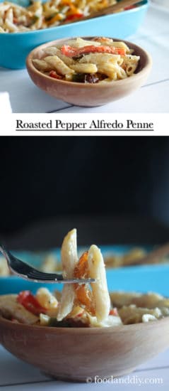 Roasted Pepper Alfredo Penne in a bowl