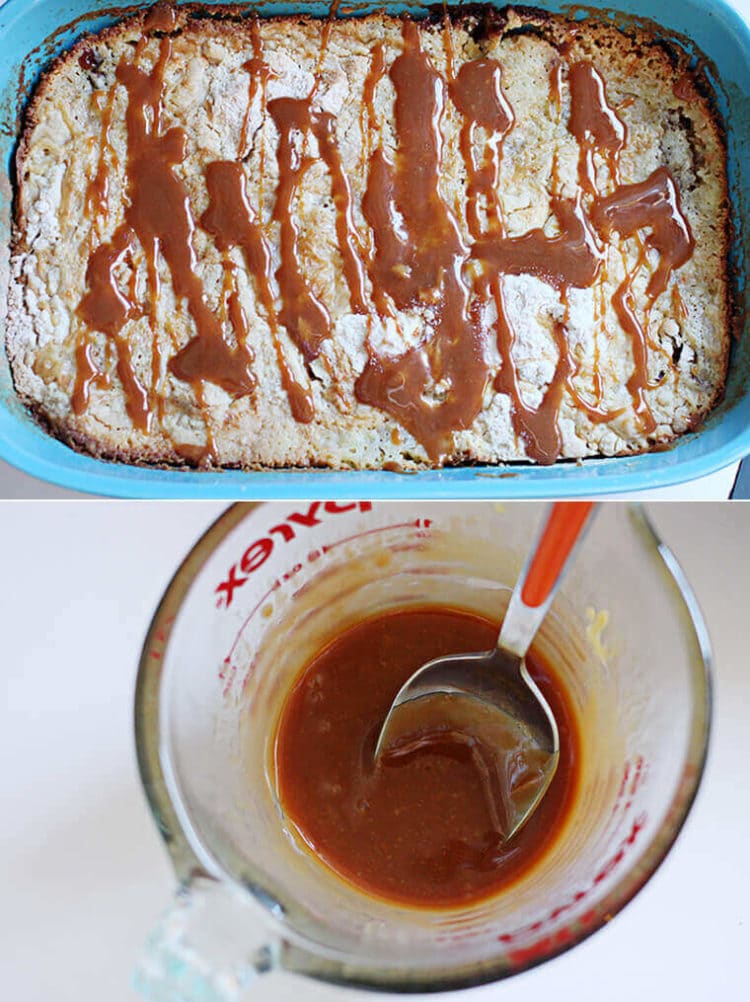Cinnamon apple dump cake with caramel sauce