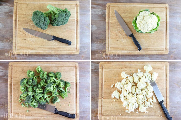 broccoli, cauliflower, cutting board, knife