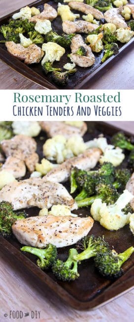 chicken tenders, broccoli, & cauliflower on a baking sheet