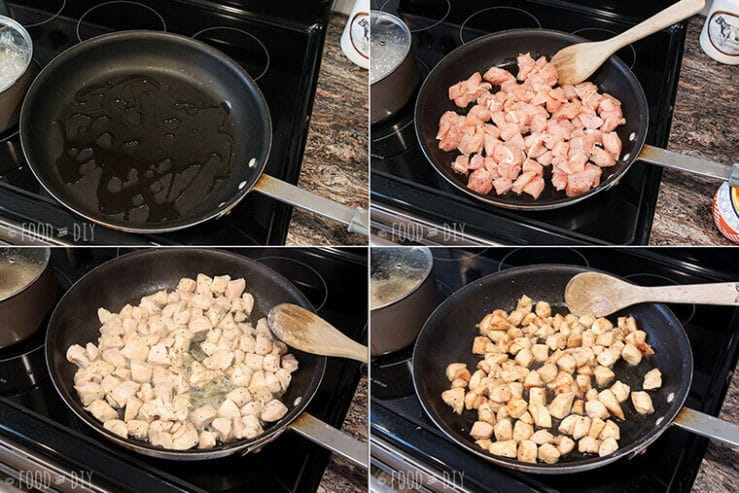 Frying pan with chicken chunks