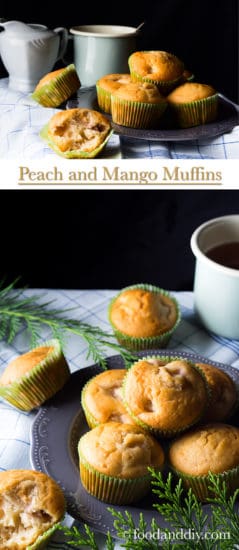 Peach and mango muffins on gray plate with greenery
