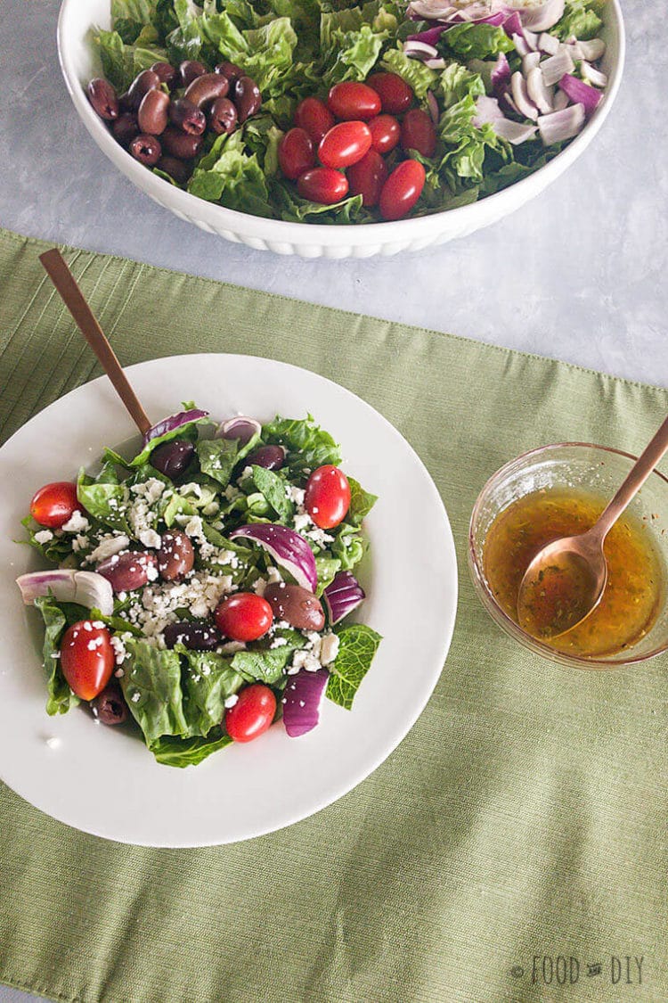 This Simple Greek Salad with Homemade Vinaigrette is absolutely delicious and perfect for lunch or, add some grilled chicken for a healthy dinner!