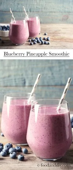 Blueberry pineapple smoothie in stemless glasses with striped paper straws