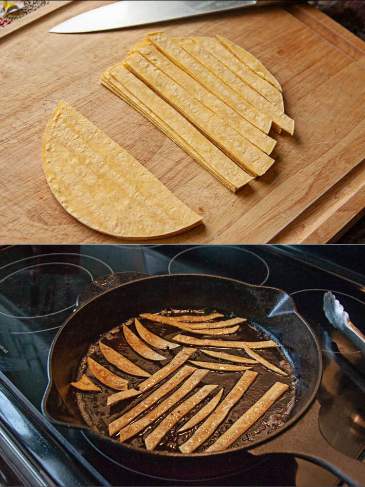 corn tortillas being fried in cast iron skillet