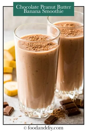 Chocolate peanut butter banana smoothie in clear glasses
