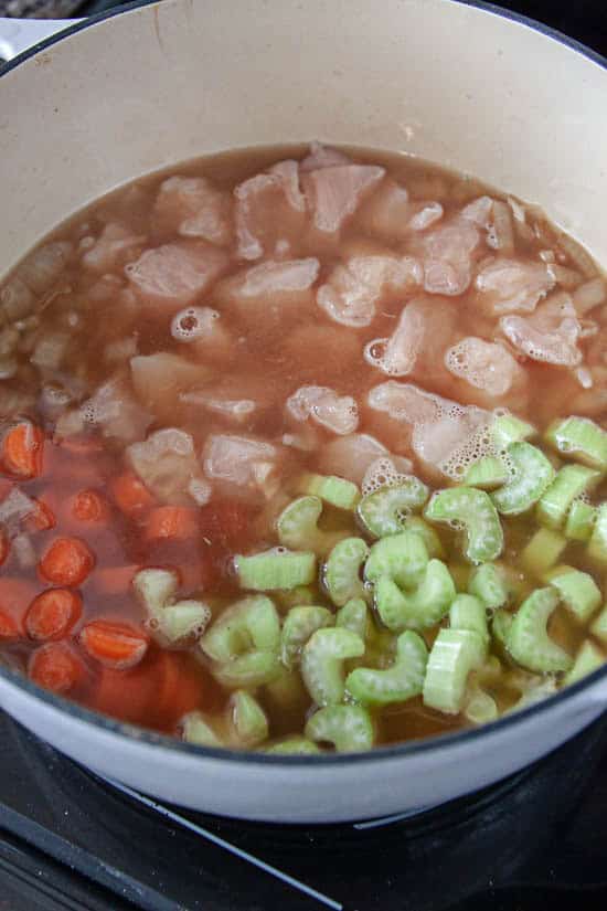 vegetables and chicken breasts in chicken broth in dutch oven