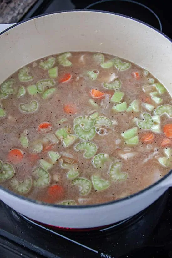 vegetables and chicken breasts in chicken broth in dutch oven