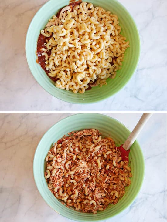 macaroni and shredded chicken in green bowl