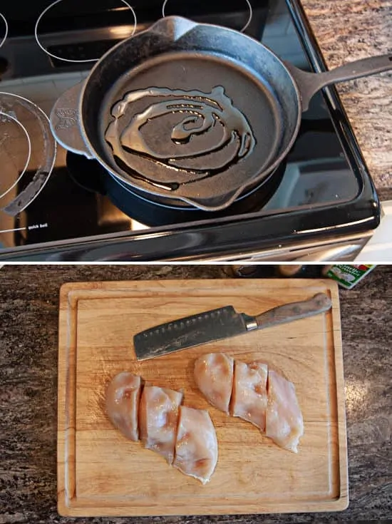 cast iron skillet heating, raw chicken cut into chunks