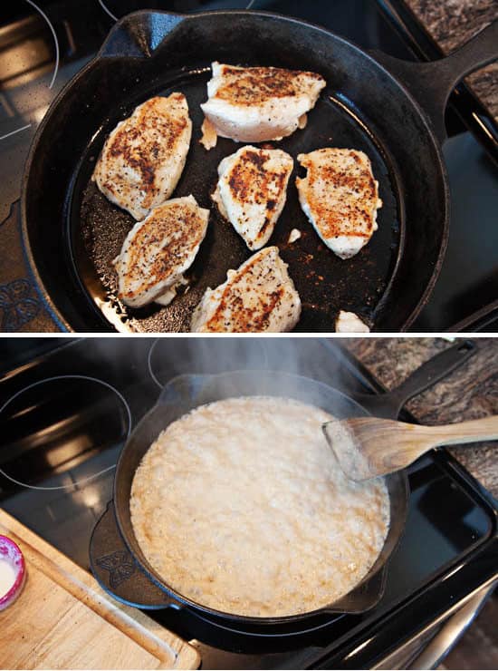 Cooked chicken breasts, cream in a skillet
