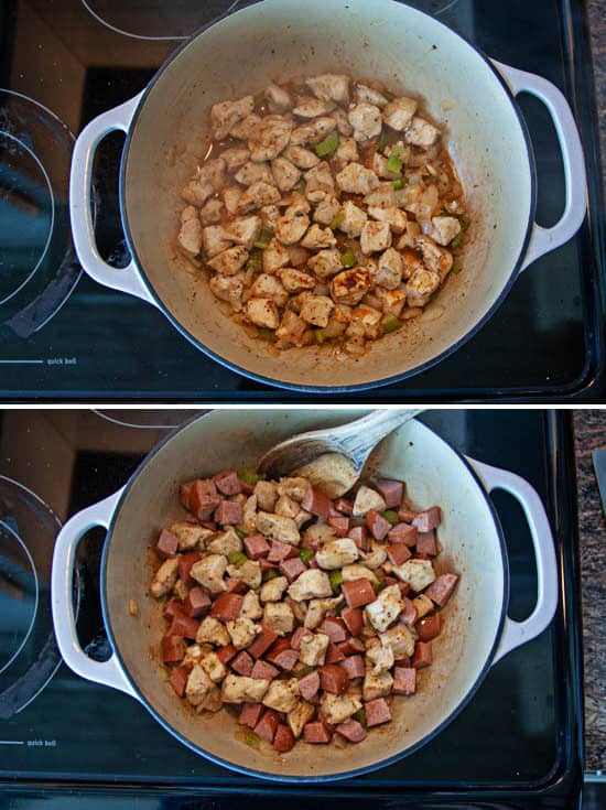 Cajun Chicken & Sausage with Rice cooking on stove top