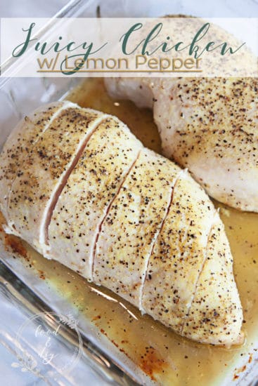 chicken breasts with lemon pepper seasoning in glass dish