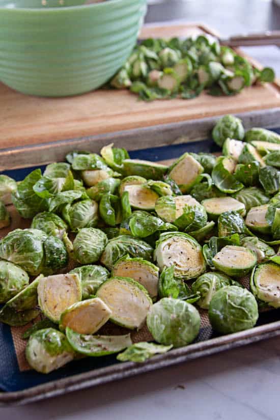 Brussels sprouts on a baking sheet