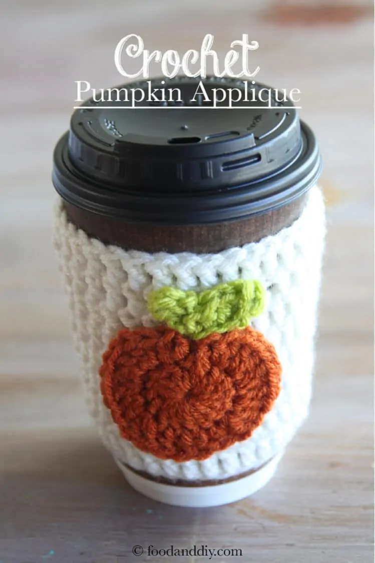 Crochet pumpkin applique on crochet coffee cozy