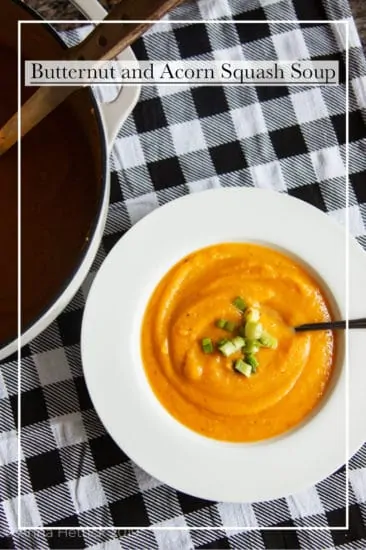 Butternut and acorn squash soup in a white bowl in black check napkin